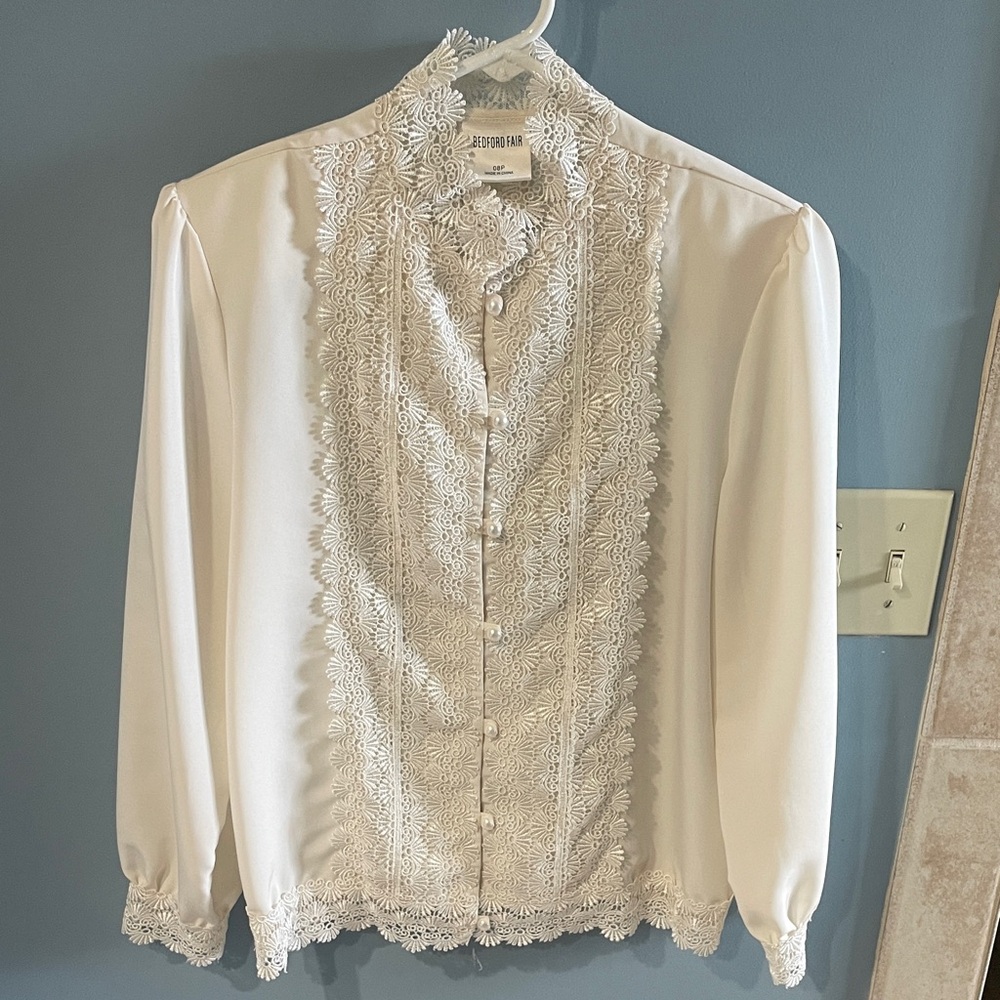 Lace-Trim White Blouse by Bedford Fair